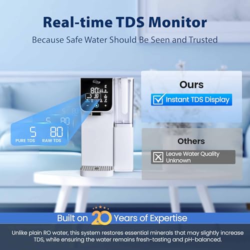 Image of iSpring RCD100HCW Alkaline Hot & Cold Countertop Reverse Osmosis System, White, Remineralization RO Water Filter Dispenser, 9 Temperature & 6 Dispensing Volume Options, TDS & Filter Life Monitor