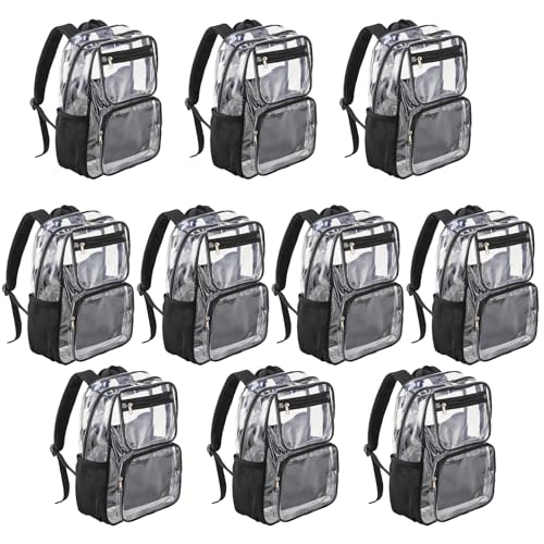 10packs Bulk Clear black backpack with laptop compartment large for kids school see through transparent plastic stadium approved teen toddler - Main Image