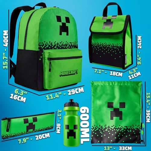 Minecraft Backpack Set 5pcs with Lunch Bag Water Bottle Pencil Case Drawstring Bag or Lanyard Keyring Supplies Gifts For Kids (Green) 6