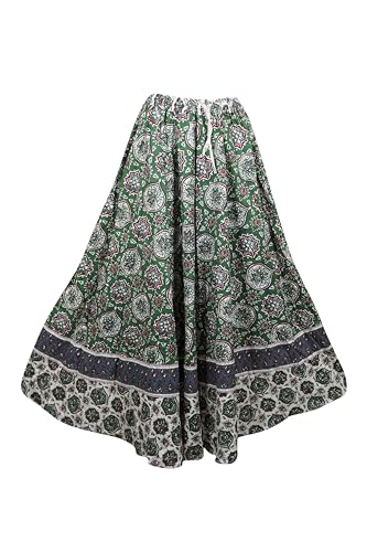 Womens Indian Summer Skirt Green Floral Maxi Skirt Cotton Trendy Beach Boho Flared Printed Festival Skirts, S/M