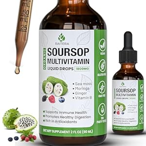 Raitera Soursop Graviola Multivitamin Liquid Drops 1800mg, Organic Soursop Bitters Liquid, Antioxidant Blend with Sea Moss, Vitamin B6, C, D3, Pure Leaf Extract
