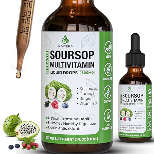 Raitera Soursop Graviola Multivitamin Liquid Drops 1800mg, Organic Soursop Bitters Liquid, Antioxidant Blend with Sea Moss, Vitamin B6, C, D3, Pure Leaf Extract