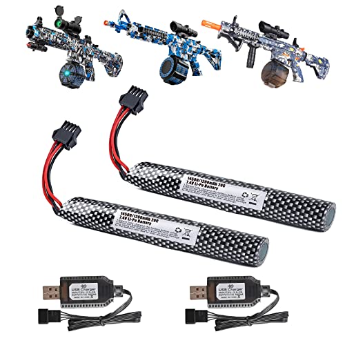 2 Pack Gel Blaster Battery for M416 or M4A1 7.4V 1200mAh Li-ion Battery with SM-4P Connecor and USB Chargers Rechargeable Batteries