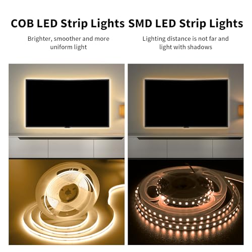 Image of 16.4FT /5M COB LED Strip Light, Warm White 3000K LED Tape Lights, Cuttable LED Lights CRI93+ Flexible Dimmable Light Strip for Bedroom TV Backlight Mirror Kitchen Cabinet Decor(with Plug)