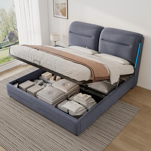ZUUYEE Cama 140x200 con LED y Almacenamiento, Camas Matrimoniales con Elevación Hidráulica, Somier 140x200 con Cabecero, Camas Juveniles Cama Matrimonio, Terciopelo, Gris, Colchón No Incluido