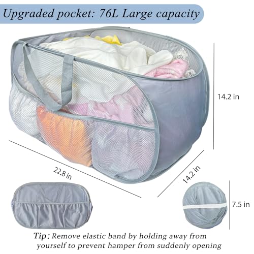 Image of Collapsible Laundry Baskets 2 Pack, Mesh Pop Up Hamper with Handles, Portable Stair Basket, Dorm or Room Folding Bin, Dirty Clothes Hamper Light Breathable. Grey. 2H