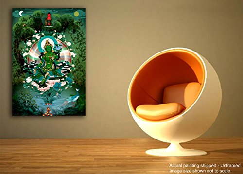 Image of Tamatina Thangka Canvas Painting|Tara Goddess On Pink Flower |Size-36X24 Inches.h379