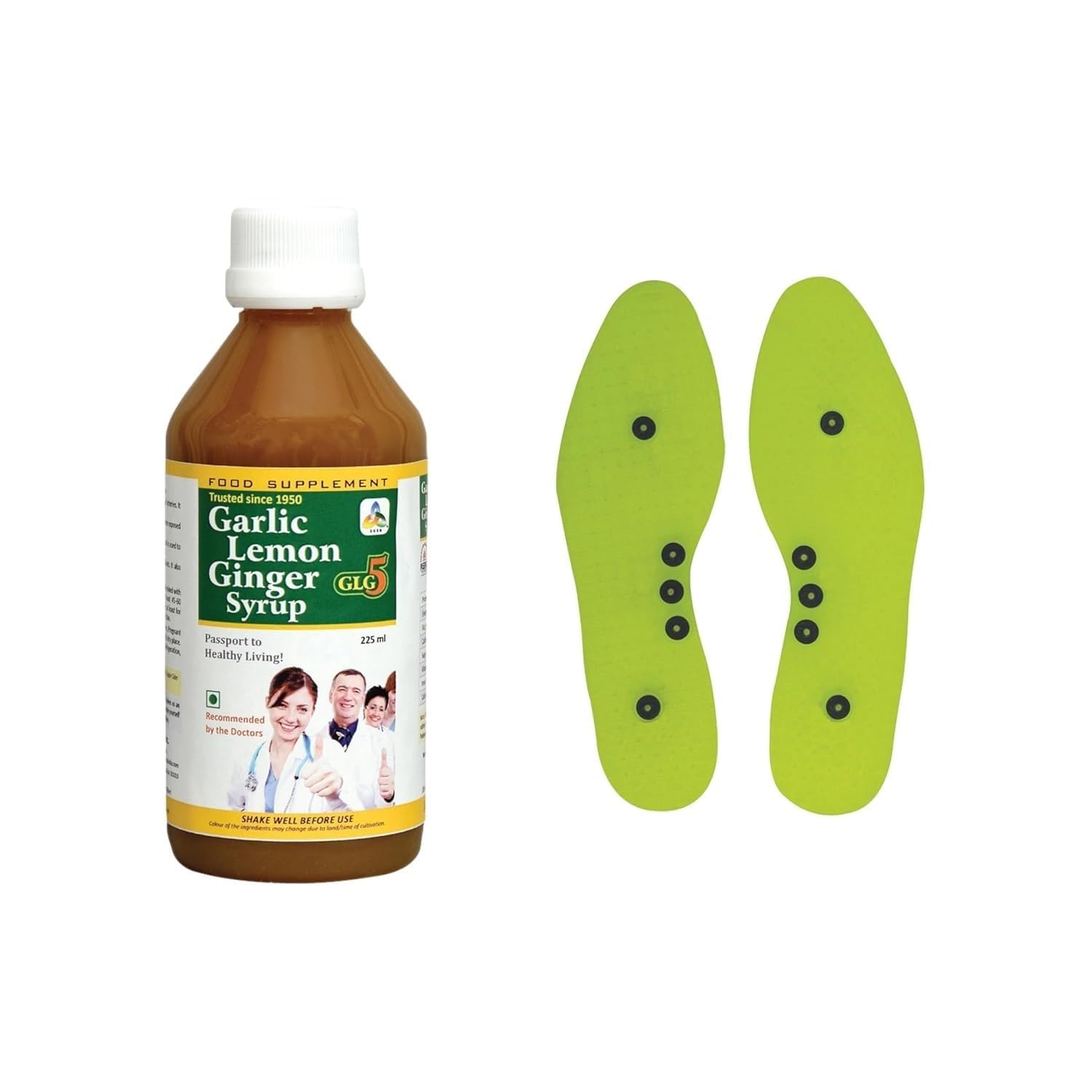SKSB GLG5 Herbal Heart Care Syrup made up of Garlic, Lemon, Ginger, American Apple Cider Vinegar & Honey 225ml each with one No. Shoe Insole Green for Acupresure of Body Organs-image-35