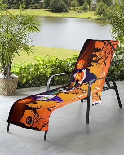 Halloween Beach Chair Towel Covers for Chaise Lounge with Side Pocket, Soft Plush Pool Towels Cover for Patio Sunbathing Outdoor 29''x85'' Gnomes Spooky Pumpkin Ghost Haunted-House