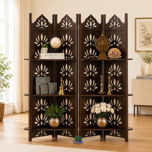 Image of Wooden Room Divider Partition with Display Shelves for Living Room | Foldable 4 Panel Decorative Privacy Screen Separator for Home, Office & Bedroom | (Brown with Shelves)