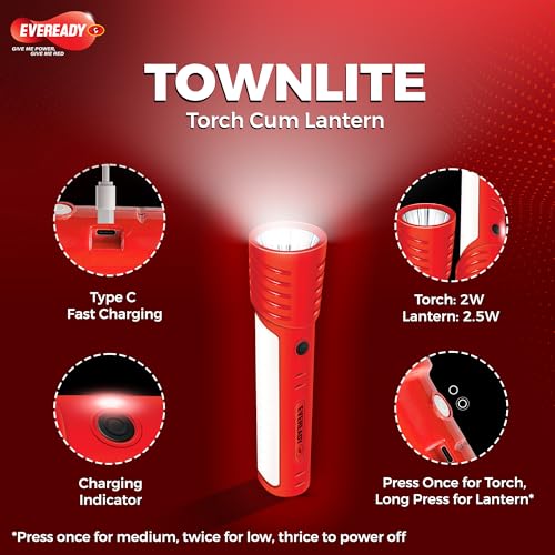 Image of Eveready LED Townlite HL40, 2W Torch Cum 2.5W Lantern, Type-C USB Fast Charging, ?220 Lumen, Overcharge & Deep Discharge Protection, Powered By BIS Certified Li-Ion Battery