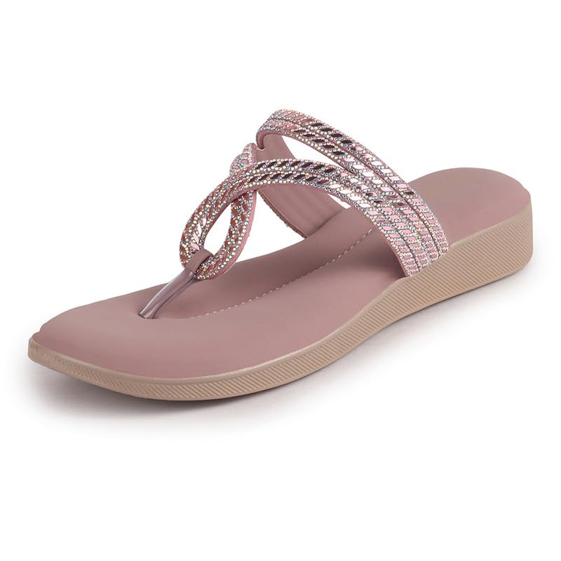 Image of FAUSTO Women T-Strap Slip On Ethnic Sandals with Rhinestone Strap | Wedge Ortho Slip-On Slippers | Perfect for Wedding, Festive Outfits