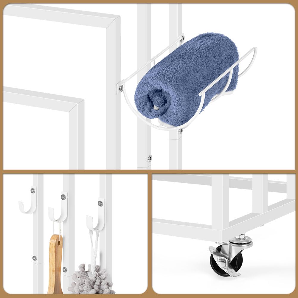 smusei Porte Serviette sur Pied à 4 Niveaux Porte Serviette Salle de Bain sur Pied avec Crochets Latéraux et Tablettes Porte-Serviettes de Salle de Bain pour Salles Bain Chambres Balcon (Blanc)
