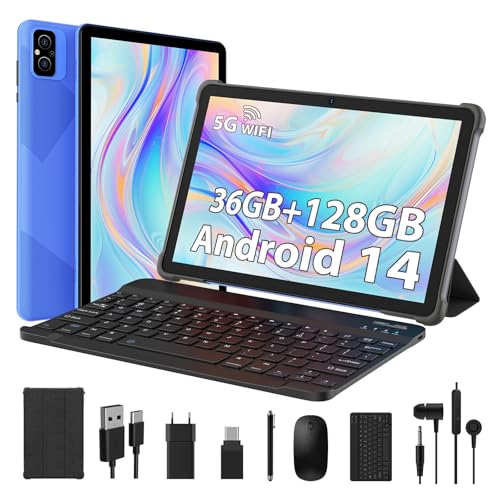 MIXLURE Tablet 10 Pulgadas Android 14 Tablet Táctil 36GB RAM + 128GB ROM(TF/1TB) 5G WiFi+Bluetooth5.0丨Batería 8000mAh丨1280*800 HD Pantalla | Cámara 5MP+8MP | Tableta con Teclado+Ratón+Funda -Azul
