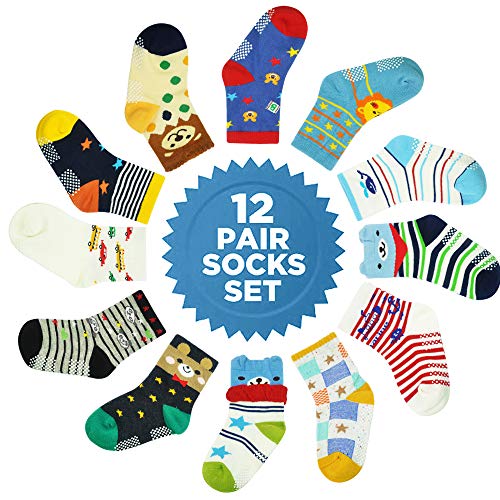 Image of Tphon 12 Pairs Toddler Non Skid Socks with Grips Anti Slip Bottom, Cotton Non Slip Ankle Crew Socks for Boys, Girls, Kids(1-7Years)