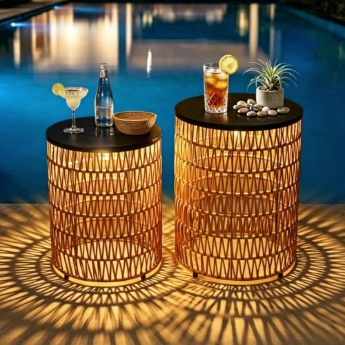 HMVPL Solar Outdoor Side Table for Patio Round Patio Side Table for Outside Outdoor End Table Set of 2 with Dimmable Light Plastic Rattan Accent Table for Poolside Backyard Gazebo Dusk to Dawn