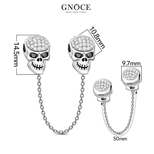 GNOCE Skull Safety Chain Charms 925 Sterling Silver Connection Chain Charms with Cubic Zirconia Balck Red Eyes Safety Chain Fit All Bracelet for Protect and Extend Your Bracelet (2Silver)3