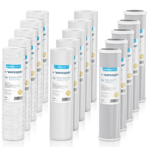 Wessper Set 15x Wasserfilter 10 Zoll | Universal Kartuschen für Hauswasserfilter, Brunnenwasserfilter: String-Filter, Schaumstofffilter, Aktivkohle Wasserfilter