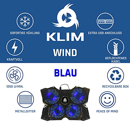 KLIM® Wind Laptop Kühler - Mehr als 500 000 verkaufte Einheiten - NEU - Leistungsstark - Schneller Kühlvorgang - 4 Lüfter PC Notebook PS4 Belüfteter Laptop Ständer - Blau