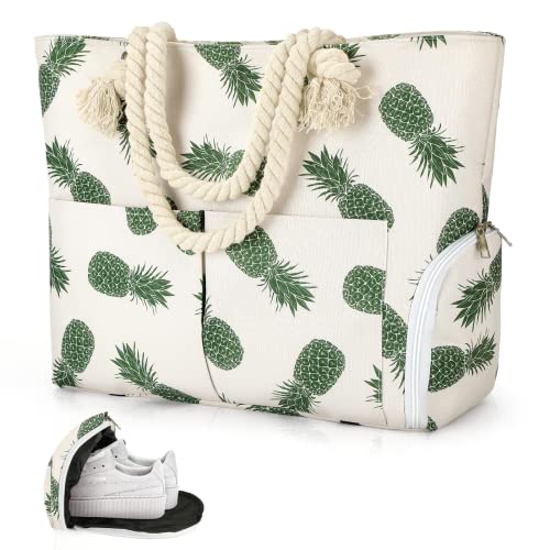 Auniq Bolsa extra grande impermeable para mujer bolsa de hombro de lona de verano con cremallera y compartimento para zapatos, esenciales para vacaciones viajes gimnasio playa, Piña