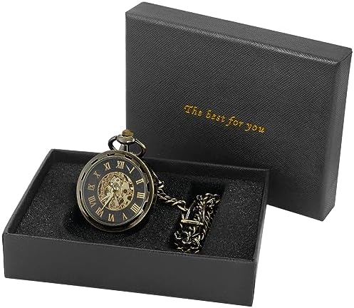 Classic Bronze uncovered Design Mechanical Roman Numerals Steampunk Pocket Watch Men's Watch with Chain and Box-Bronze, MW166, 时尚