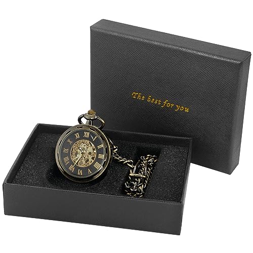 Classic Bronze uncovered Design Mechanical Roman Numerals Steampunk Pocket Watch Men's Watch with Chain and Box-Bronze, MW166, 时尚