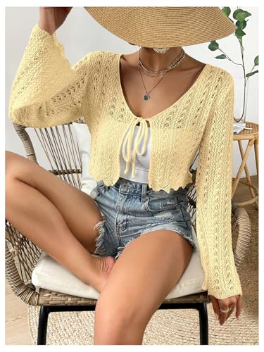 Image of SHENHE Women's Tie Front Cardigan Trumpet Sleeve Pointelle Knit Crop Tops
