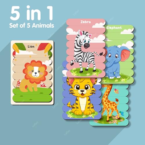Image of Lefan 5 in1 Animal Puzzle Sticks for Kids - 5 Wooden Animal Puzzles with Tray Educational Montessori Toy for Toddlers Tiger Zebra Elephant Giraffe Lion Puzzle Set 2 3 4 5 6 7 Year Gift for Toddlers