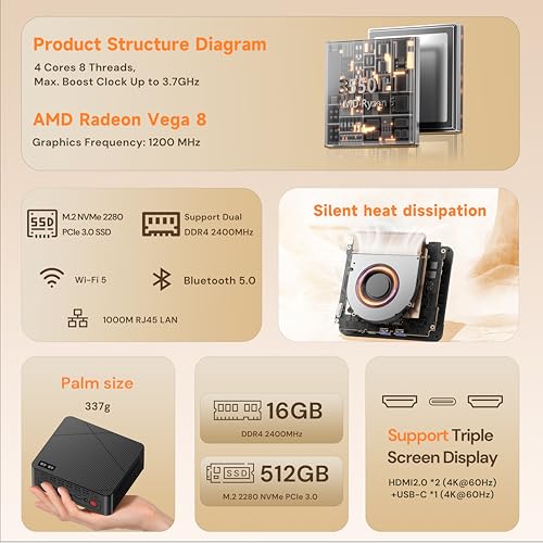 Image of wo-we P6 Mini PC AMD Ryzen 5 3550H(4C /8T,up to 3.7GHz) 16GB DDR4 RAM 512GB NVMe SSD Gaming PC, Radeon Vega 8 Graphics Mini Desktop Computer,Triple 4K 60Hz Displays,USB-C /USB 3.3 /2.0 /HDMI,WiFi5 BT5.0