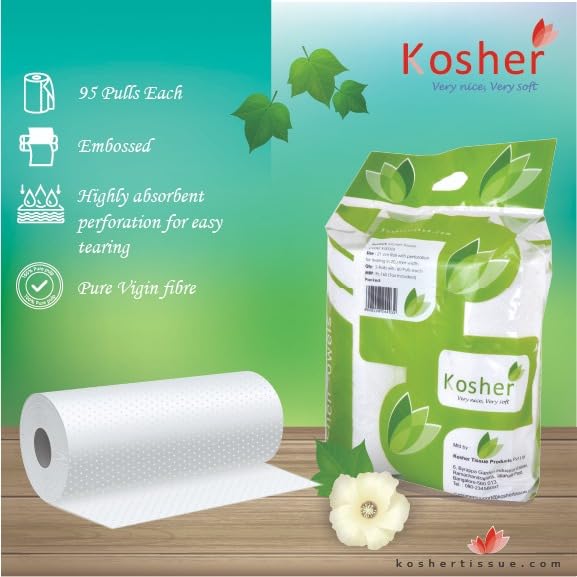 Image of Kosher Kitchen Tissue Paper Roll | 540 Pulls | 90 Pulls Each X 6 Rolls | Strong & Super Absorbent 2-Ply Kitchen Roll | High Wet Strength | Flower Embossed for Absorption | (Combo of 3- Total 6 Rolls)