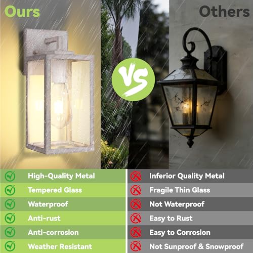 Image of Outdoor Wall Light Fixtures, Rustic Exterior Wall Sconces, 2-Pack, 12 In | Outside Light Fixtures with Tempered Glass for Porch, Garage, Patio, Anti-Rust White Hand-Brushed, Wood-Grain, Waterproof