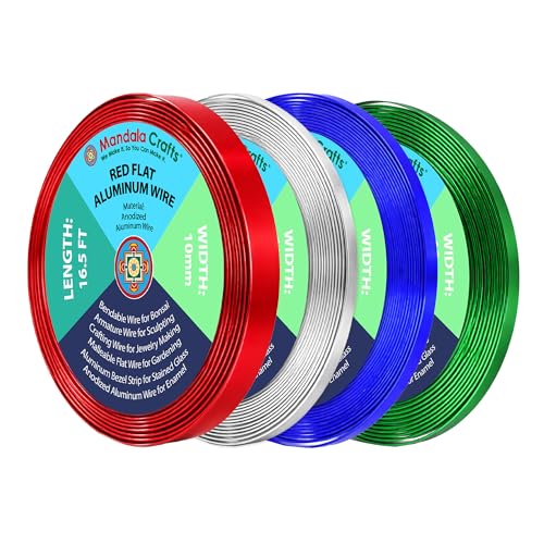 Image of Mandala Crafts 10mm Red Green Blue Silver Tone Flat Aluminum Crafting Wire | 66 FT, Anodized, Colored, Tarnish Resistant, Bendable, Flexible, for Jewelry Making, Bezel, Bonsai, Armature, Outdoor