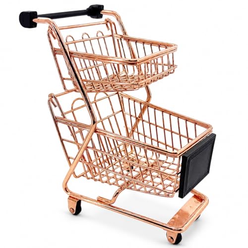 Miniature Shopping Cart Mini Double Layer Metal Supermarket Supermarket Handcart Shopping Utility Cart for Home Desktop Decor Rose Gold