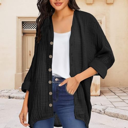 Lightweight Cardigans for Women Kimono Trendy Solid Long Sleeve Button Open Front Jacket Summer Fall Oversized2