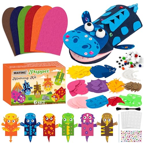 WATINC 6Pcs Hand Puppet Making Kit, Art Craft Felt Sock Puppet Toys, Creative DIY Make Your Own Pompoms Wiggle Googly Eyes Storytelling Role Play Party Supplies Gift for Girls Boys (Dinosaurs A)