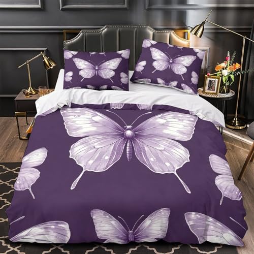 Parure housse de couette papillon violet 200x200 microfibre lavable machine - 2