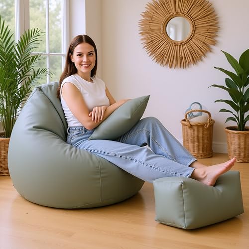 Image of 4XL Premium Leatherette Bean Bag with Rectangular Footrest & 16x16 Inch Cushion | High Density Beans Filled | Side Pocket & Easy to Carry Handle | 6 Months Warranty Color- (Pastel Green, 4XL)