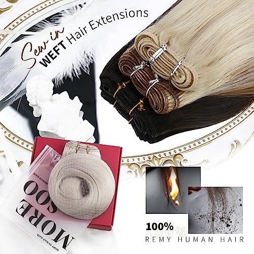 Moresoo Weft Hair Extensions Real Human Hair White Blonde Hair Weft Real Human Hair Extensions Blonde Remy Straight 24 Inch 100G #60A - Image 2