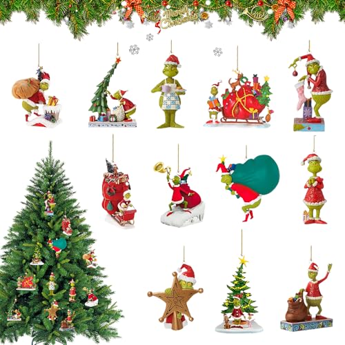 Grin-ch Adornos Arbol Navidad, ADDLIVE 12 Piezas Adornos Navidad, Arbol de Navi-Dad de Adornos Colgantes, Decoración Na-vidad para Grin-ch, Acrílico 2D Adornos de Na-vidad para Hogar, Escuela, Fiesta
