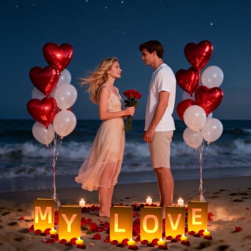Image of MY LOVE Light Up Letters, with Tea Lights Candles, Rose Petals, Pearlescent Foil Balloons - Luminary Paper Bags, Anniversary Decorations and Valentines' Day Decorations for Your Loved One