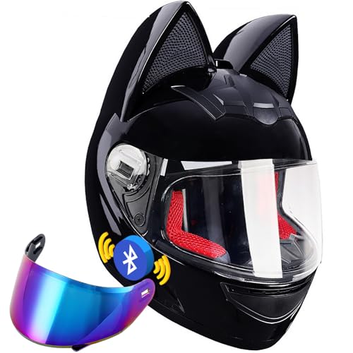 Personalized Cat Ear Bluetooth Motorcycle Helmet, DOT FMVSS-218 Certification Full Face Motorbike Helmet, Cool Cute Cat Helmets with Clear Visor, for Men and Women ( Color : A , Size : M(57~58cm) )