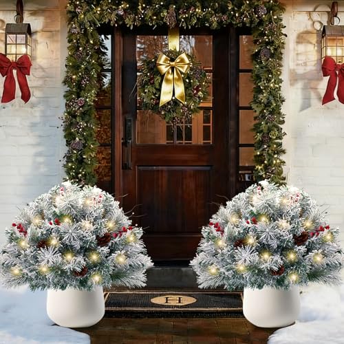 2 Pack Lighted Artificial Christmas Urn Filler 22 in Battery Operated Holiday Planter Filler with Multi-Color Lights Small Outdoor Christmas Trees Outdoor Christmas Decorations for Porch Driveway