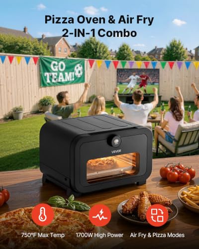 Image of VEVOR Pizza Oven, 8 Presets Electric Pizza Ovens Air Fry Combo, 12-Inch Indoor Pizza Maker Smart Knob Control, 750F Max Temp, IPX4 Waterproof Countertop Pizza Cooker w /Pizza Stone,Fry Basket