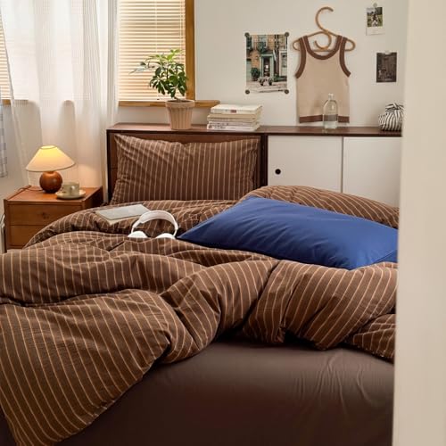 Image of Brown Striped Duvet Cover Twin Size Retro Stripes Bedding Set Vintage Vertical Stripe Soft Lightweight Microfiber Comforter Cover Set with Zipper Closure and 1 Pillowcase