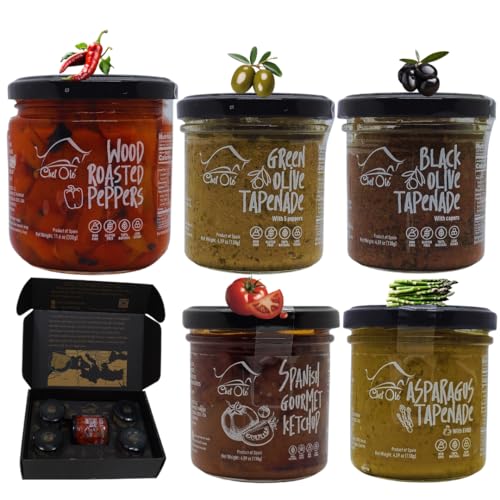 Chef Ole’s Party Set of 5 Healthy Tapenades/Dips – Includes Hummus type, Olive Tapenade, Black Olives, Green Olives, Asparagus, Wood roasted peppers, and Spanish gourmet ketchup Snack Pack