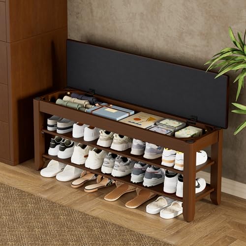 Homleke Shoe Rack Bench with Flip-Top Storage, Solid Wood Entryway Bench with Cushion, Adjustable...