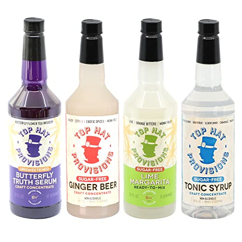 Top Hat Keto Sugar Free Mixology Combo Kit - Ginger Syrup, Tonic Syrup, Margarita Mix & Butterfly Tea Tincture - Naturally Sweetened with Monk Fruit - Craft Mixers for Skinny Cocktail Drinks - 4 pack 32oz Bottles