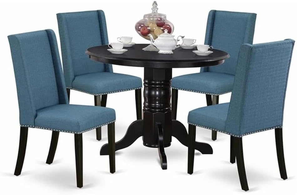 East West Furniture SHFL5-BLK-21 5 Piece Dining Room Table Set Includes a Round Kitchen Table with Pedestal and 4 Blue Linen Fabric Parson Dining Chairs, 42x42 Inch, Black