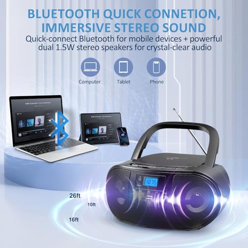 Image of Portable CD Player Boombox with FM Radio, Top Loading CD Stereo Boom Box for Home, Bluetooth, Remote Control, LED Light, Headphone /Mic Jack, Support CD-R /RW /MP3-CD, USB, LCD Display, Black