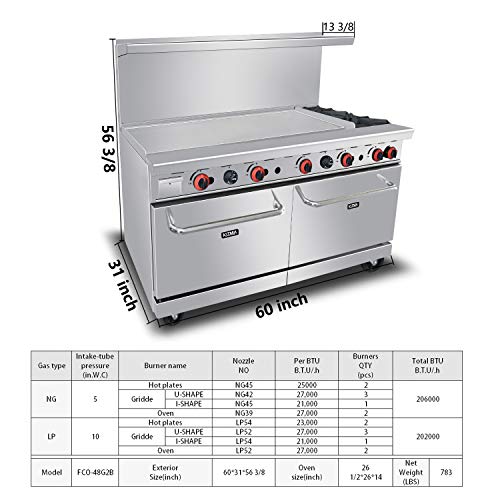 KITMA Commercial Gas Ranges/60 in. W Freestanding Gas Range with 48 in. Griddle, 2 Burner, and 2